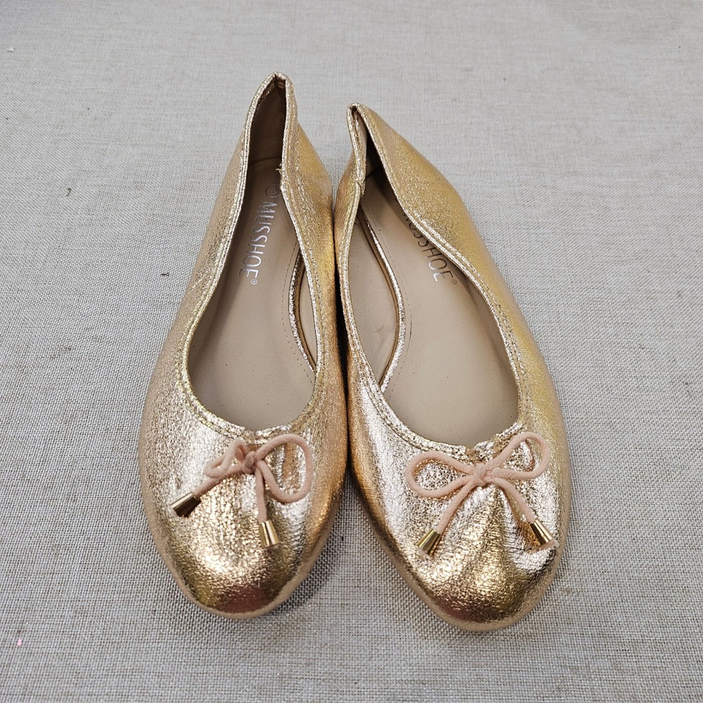 MUSSHOE Womens Metallic Gold Ballet Flats Round Toe Bow Slip On Shoes Size 8